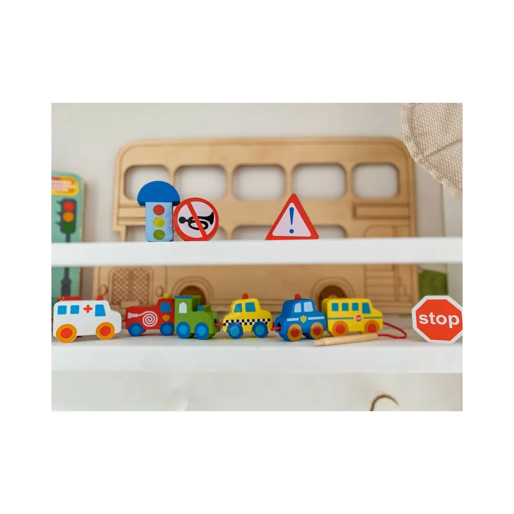 WOOPIE GREEN Drewniane Klocki do Nawlekania Pojazdy Samochody 13 el.