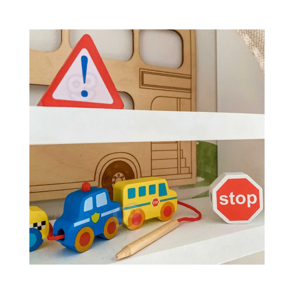 WOOPIE GREEN Drewniane Klocki do Nawlekania Pojazdy Samochody 13 el.