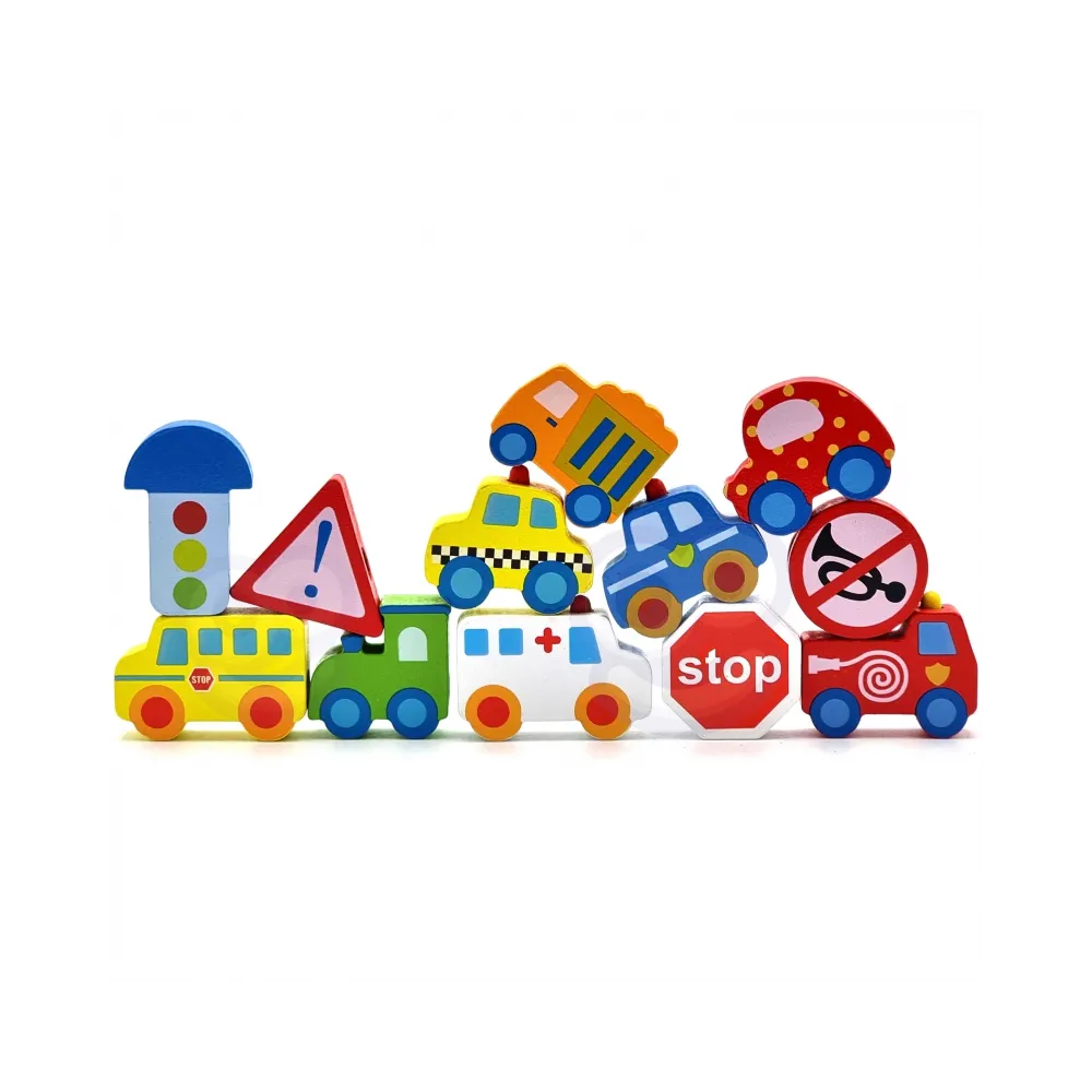 WOOPIE GREEN Drewniane Klocki do Nawlekania Pojazdy Samochody 13 el.