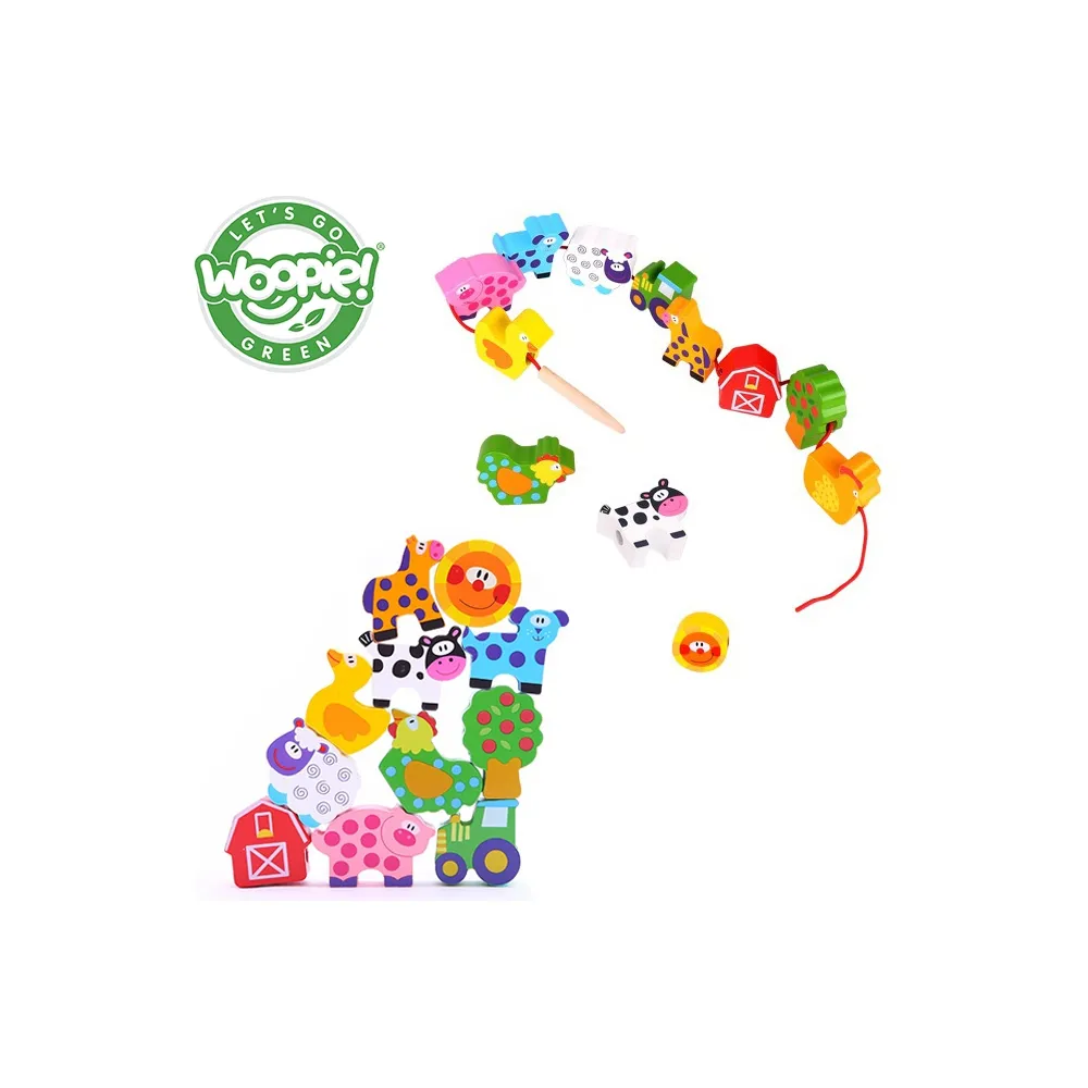 WOOPIE GREEN Drewniane Klocki do Nawlekania Zwierzęta Farma 13 el.