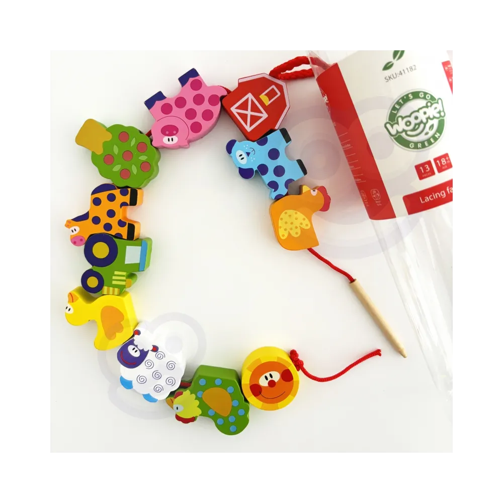 WOOPIE GREEN Drewniane Klocki do Nawlekania Zwierzęta Farma 13 el.