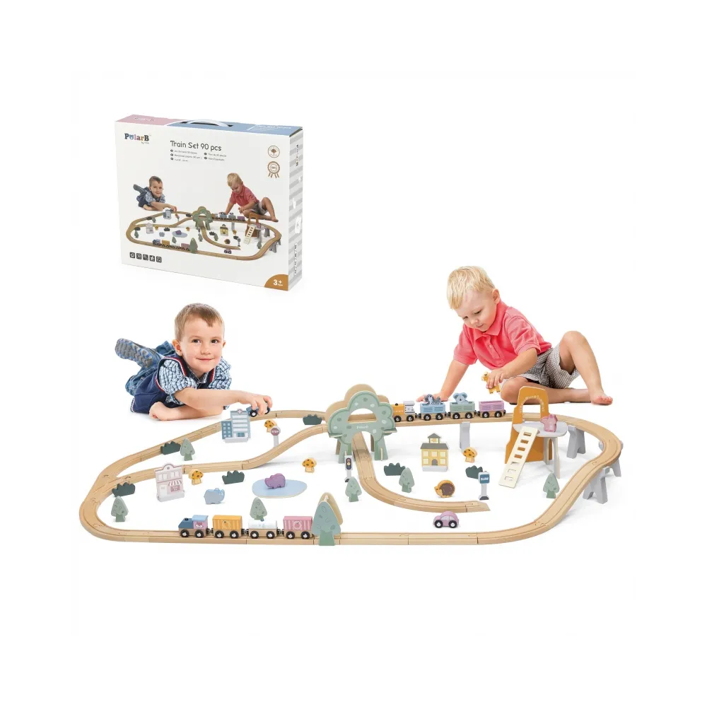 VIGA PolarB Drewniana kolejka dla dzieci Pociąg Tor 90 elementów