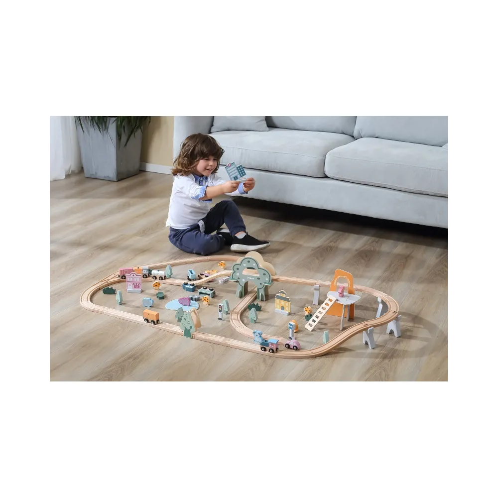 VIGA PolarB Drewniana kolejka dla dzieci Pociąg Tor 90 elementów