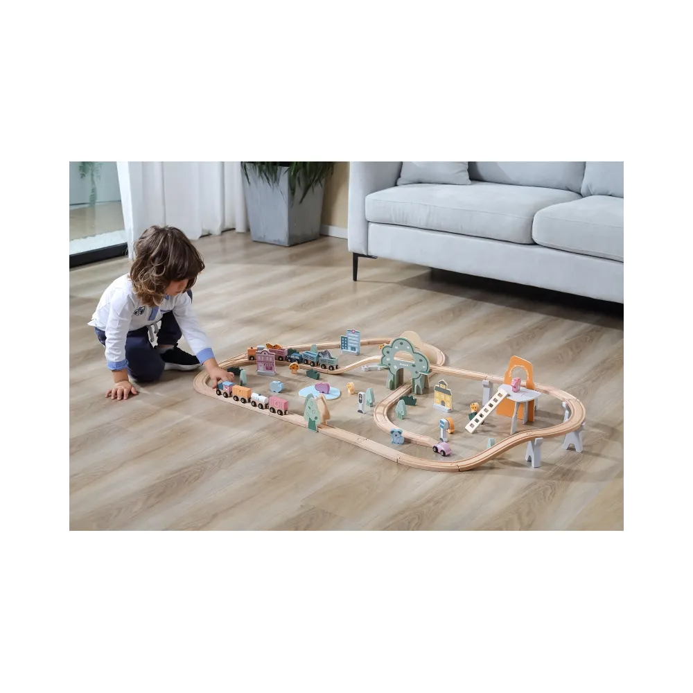 VIGA PolarB Drewniana kolejka dla dzieci Pociąg Tor 90 elementów