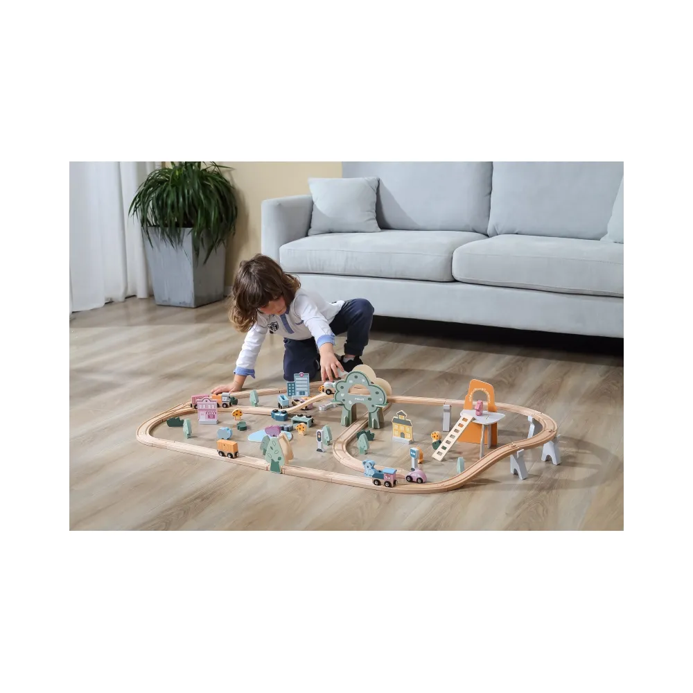 VIGA PolarB Drewniana kolejka dla dzieci Pociąg Tor 90 elementów