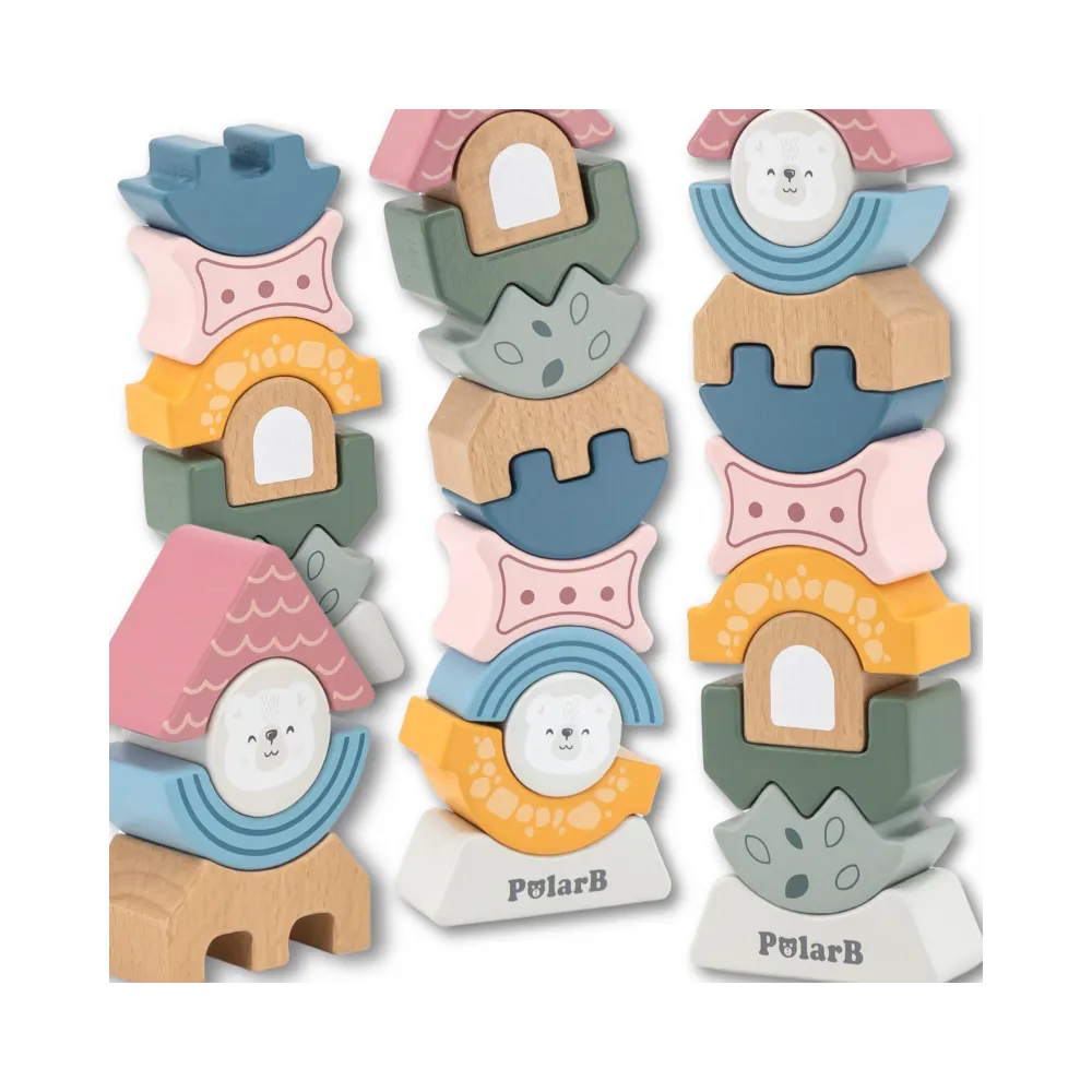 Kolorowa drewniana układanka balansująca typu wieża PolarB dla dzieci