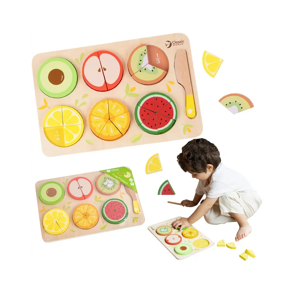 CLASSIC WORLD Drewniane Owoce do Krojenia na Rzepy + Nauka Ułamków i Dzielenia MONTESSORI 23 el.
