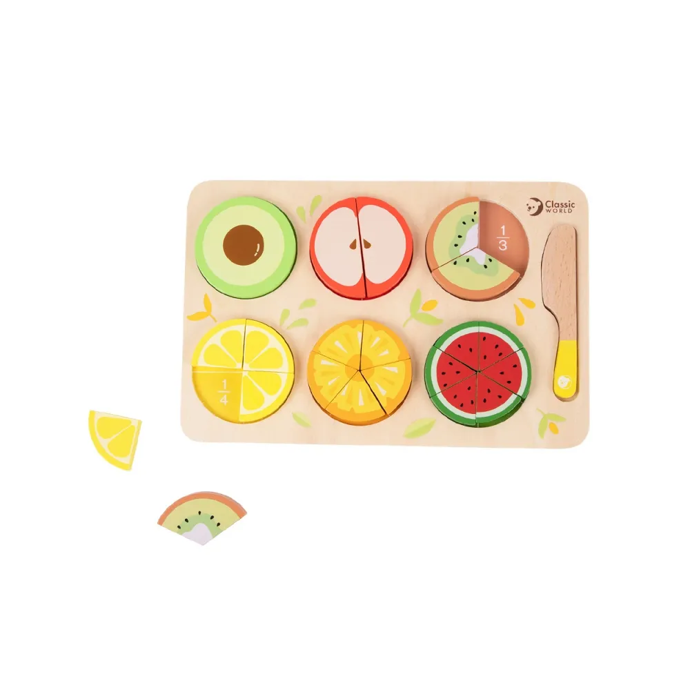 CLASSIC WORLD Drewniane Owoce do Krojenia na Rzepy + Nauka Ułamków i Dzielenia MONTESSORI 23 el.