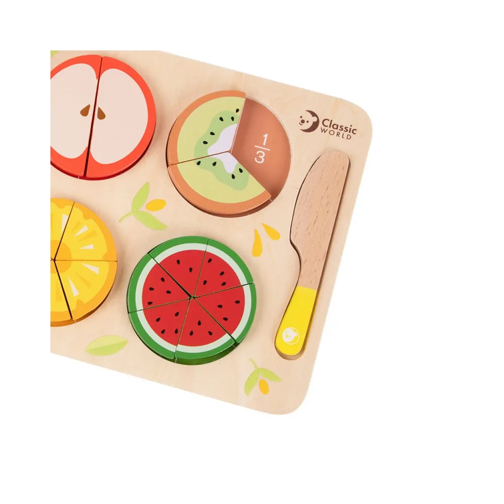 CLASSIC WORLD Drewniane Owoce do Krojenia na Rzepy + Nauka Ułamków i Dzielenia MONTESSORI 23 el.