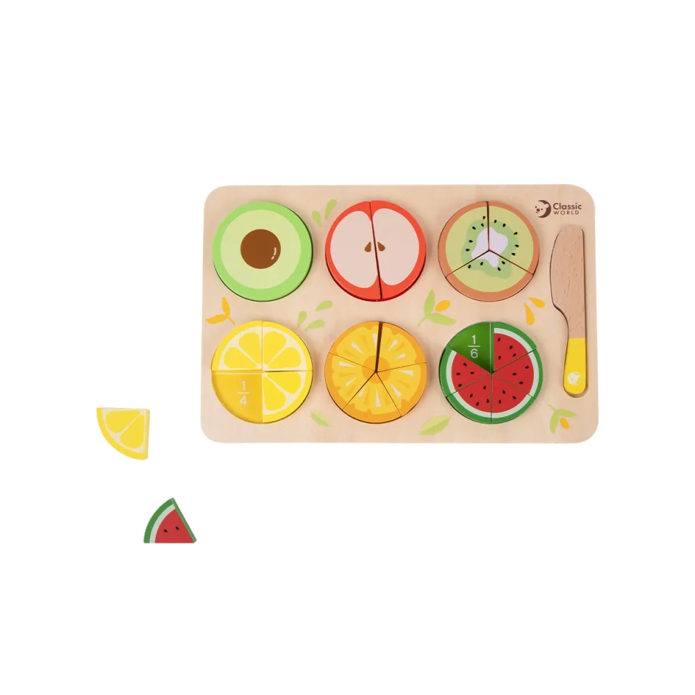 CLASSIC WORLD Drewniane Owoce do Krojenia na Rzepy + Nauka Ułamków i Dzielenia MONTESSORI 23 el.