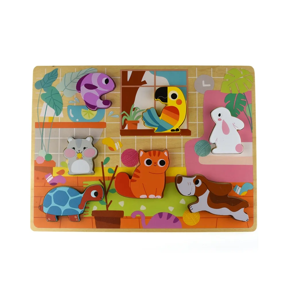 Drewniane puzzle Montessori z motywem zwierzątek i planszą do układania