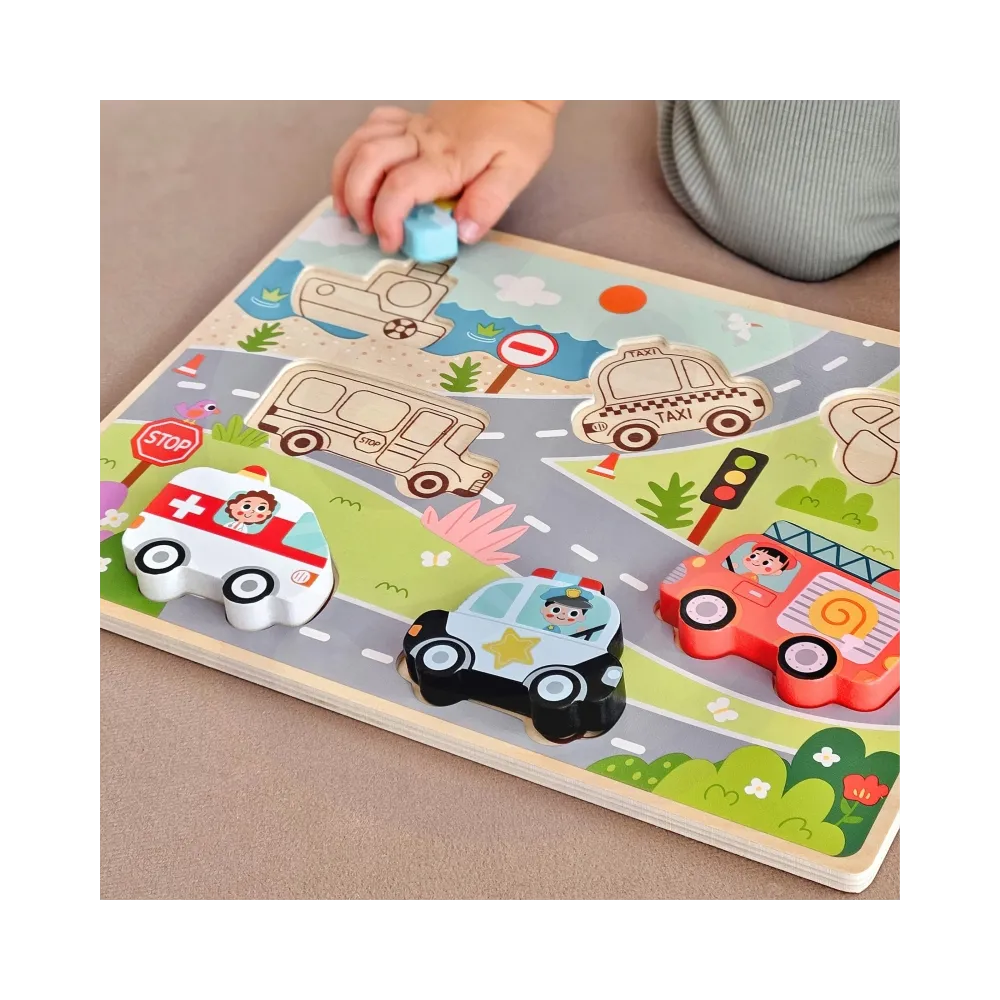 TOOKY TOY Drewniane Puzzle Montessori Pojazdy Samochody Samolot Statek Miasto Dopasuj Kształty