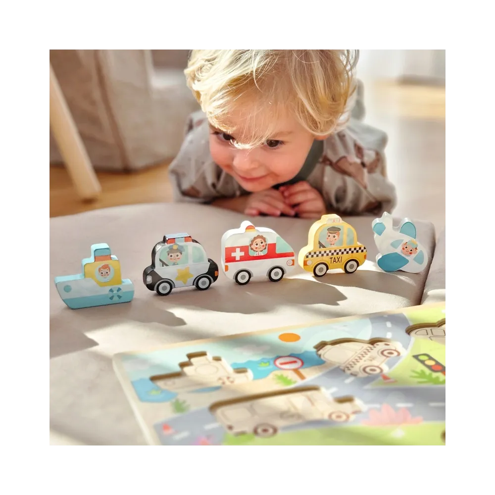 TOOKY TOY Drewniane Puzzle Montessori Pojazdy Samochody Samolot Statek Miasto Dopasuj Kształty