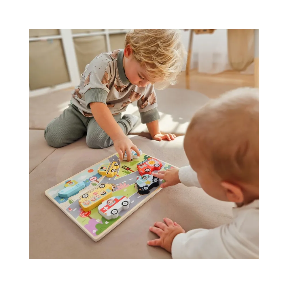 TOOKY TOY Drewniane Puzzle Montessori Pojazdy Samochody Samolot Statek Miasto Dopasuj Kształty