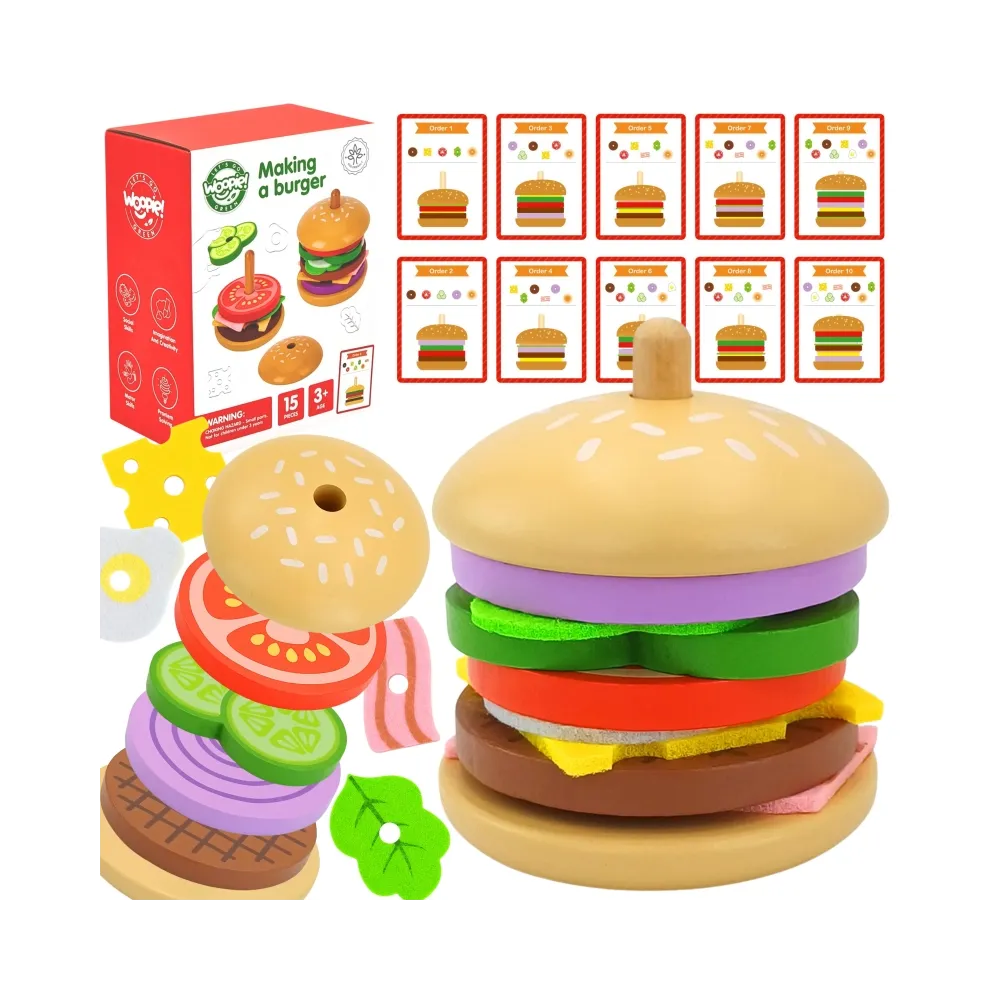 WOOPIE GREEN Drewniany Burger Restauracja Układanka dla Dzieci 15 el. Certyfikat FSC