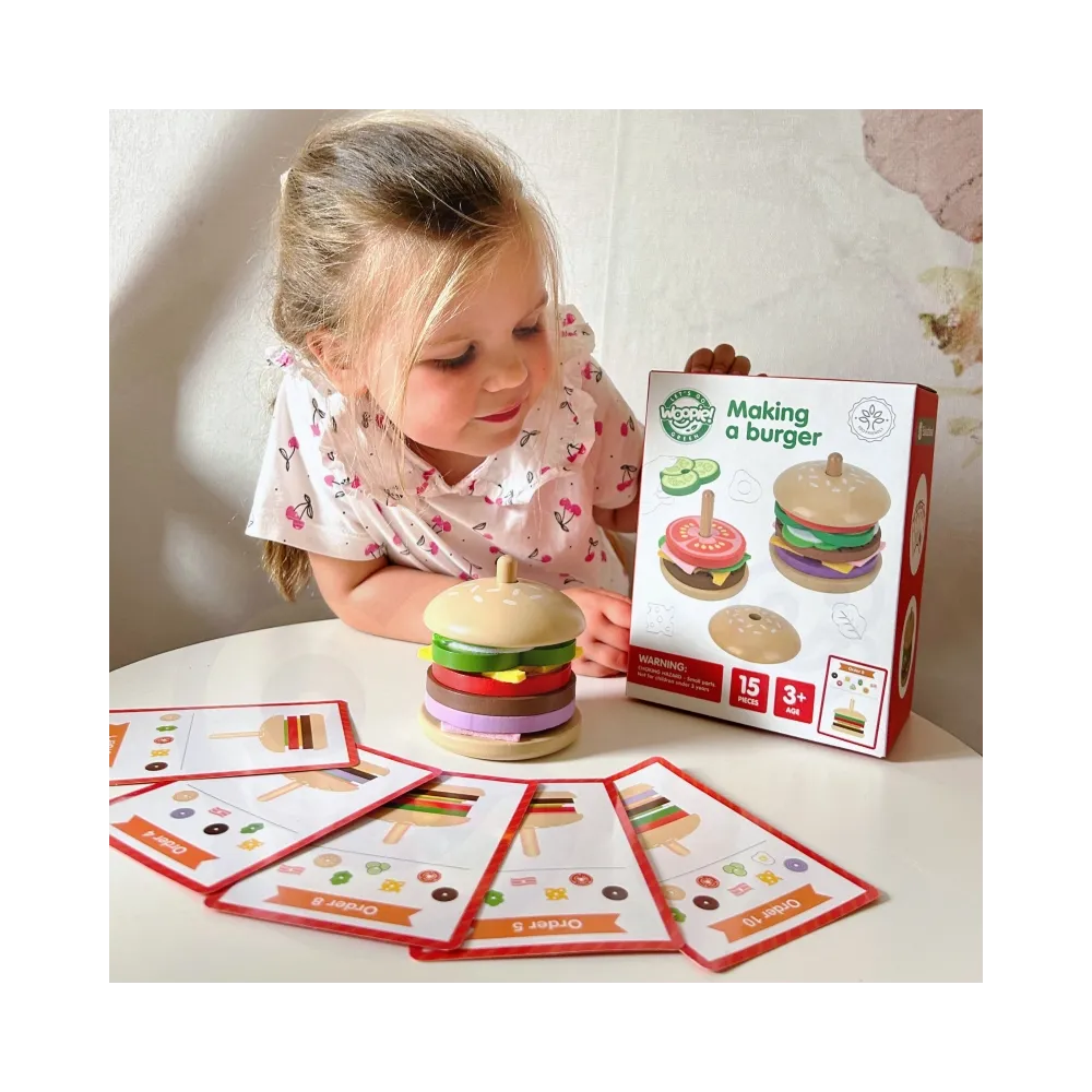 WOOPIE GREEN Drewniany Burger Restauracja Układanka dla Dzieci 15 el. Certyfikat FSC
