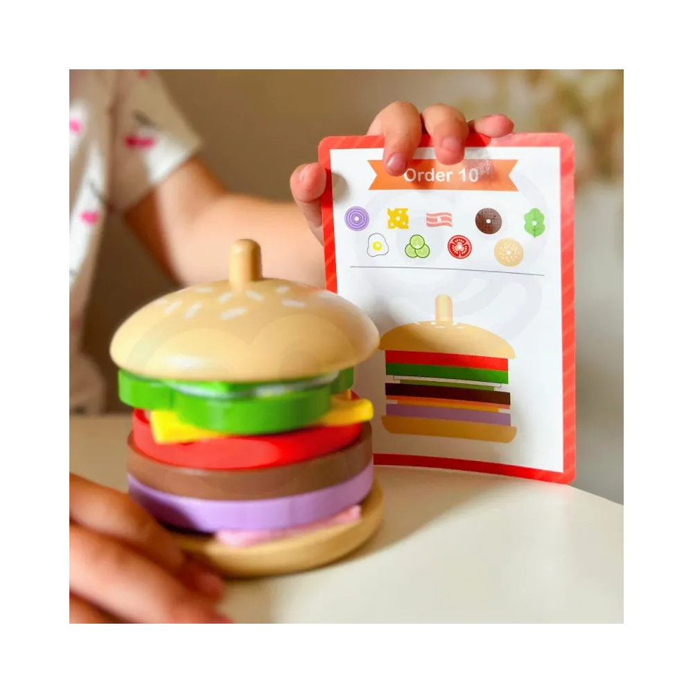 WOOPIE GREEN Drewniany Burger Restauracja Układanka dla Dzieci 15 el. Certyfikat FSC