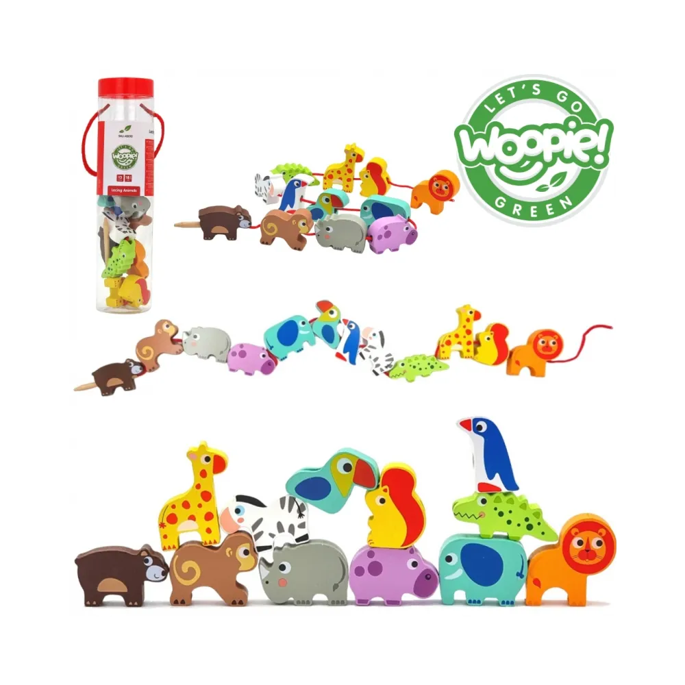 WOOPIE GREEN Drewniane Klocki do Nawlekania Zwierzęta Safari ZOO 13 el.