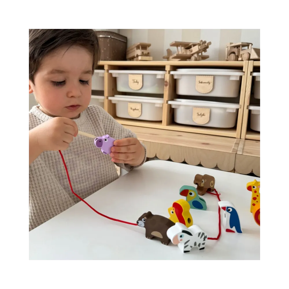 WOOPIE GREEN Drewniane Klocki do Nawlekania Zwierzęta Safari ZOO 13 el.