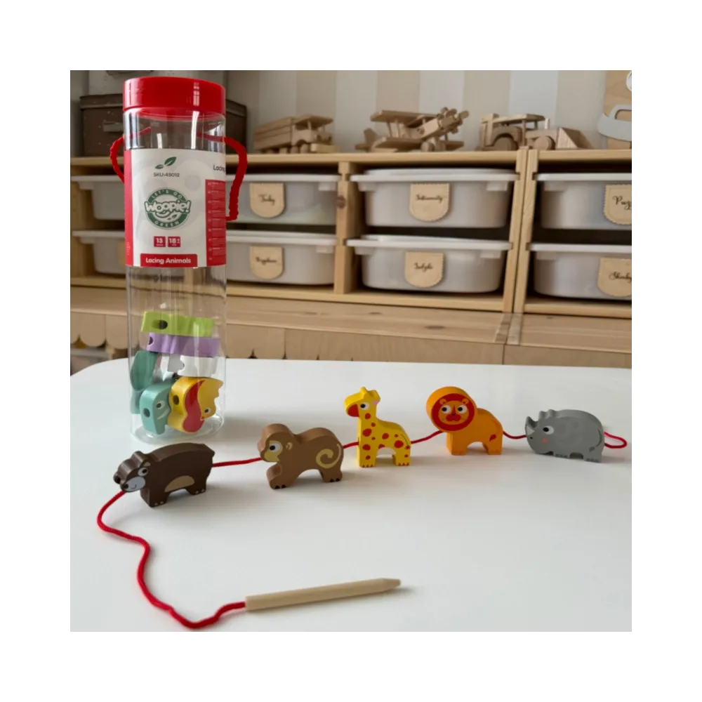 WOOPIE GREEN Drewniane Klocki do Nawlekania Zwierzęta Safari ZOO 13 el.