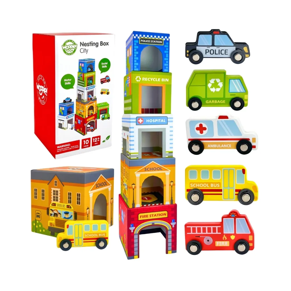 WOOPIE GREEN Układanka Kostki Miasto Pojazdy w Pudełkach + Figurki 10 el.