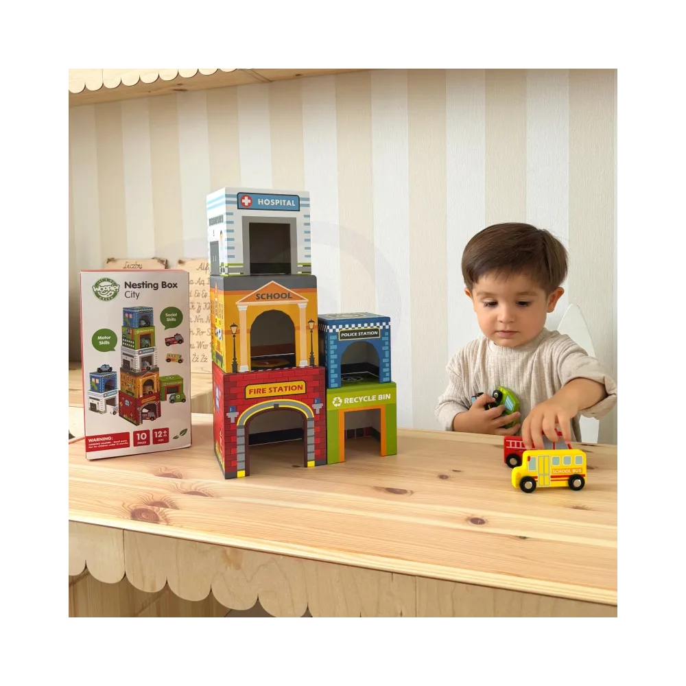 WOOPIE GREEN Układanka Kostki Miasto Pojazdy w Pudełkach + Figurki 10 el.