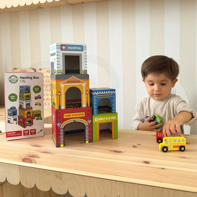 Zestaw edukacyjny dla dzieci z ilustrowanymi kostkami.