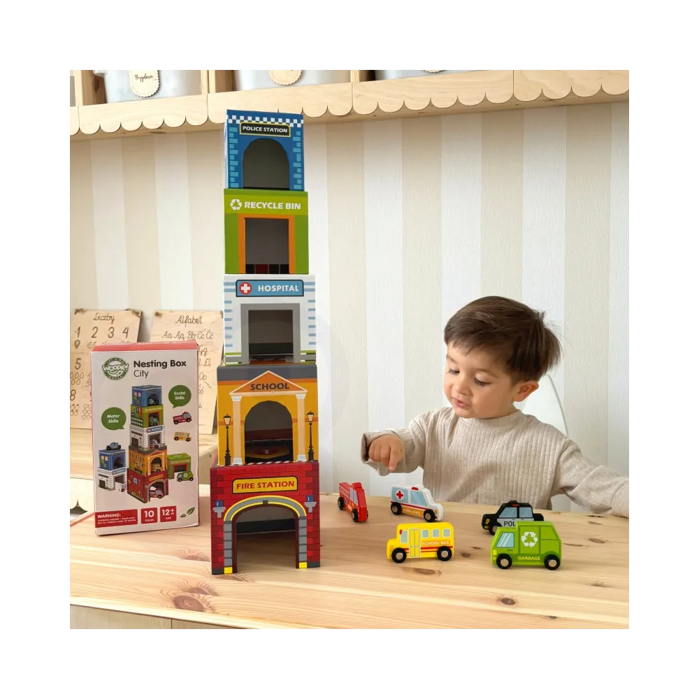 WOOPIE GREEN Układanka Kostki Miasto Pojazdy w Pudełkach + Figurki 10 el.