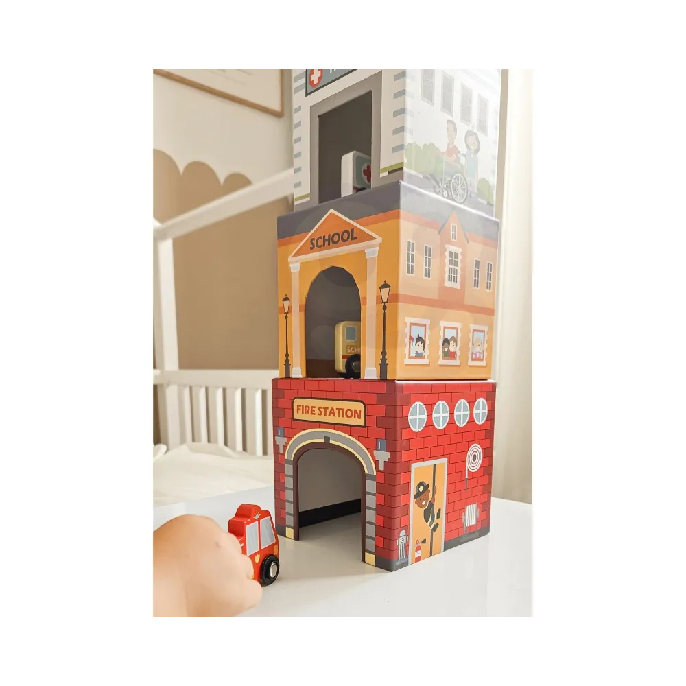 WOOPIE GREEN Układanka Kostki Miasto Pojazdy w Pudełkach + Figurki 10 el.