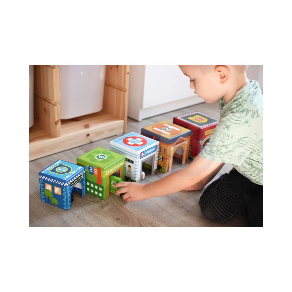 WOOPIE GREEN Układanka Kostki Miasto Pojazdy w Pudełkach + Figurki 10 el.