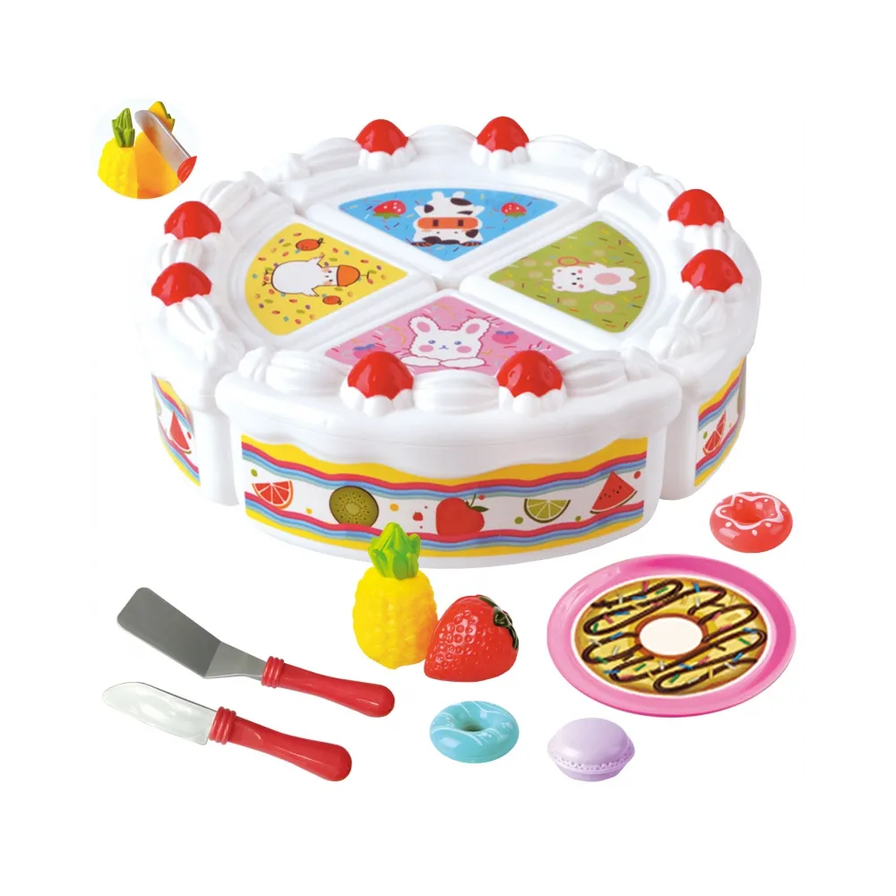 Zestaw tortu urodzinowego z owocami do krojenia dla dzieci.