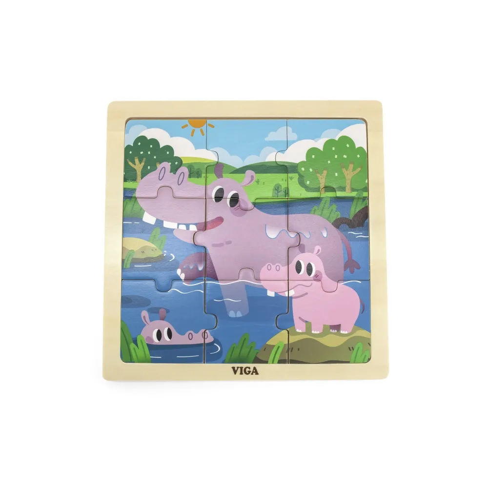 Drewniane puzzle hipopotamy dla dzieci – 9 kolorowych elementów