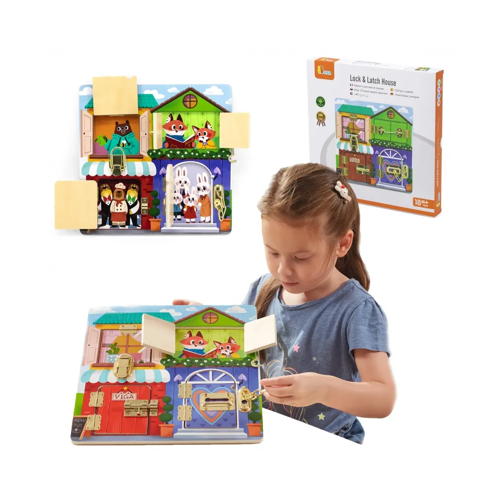 VIGA Drewniana Tablica Manipulacyjna Otwieranie Zamków i Zatrzasków Domek Montessori