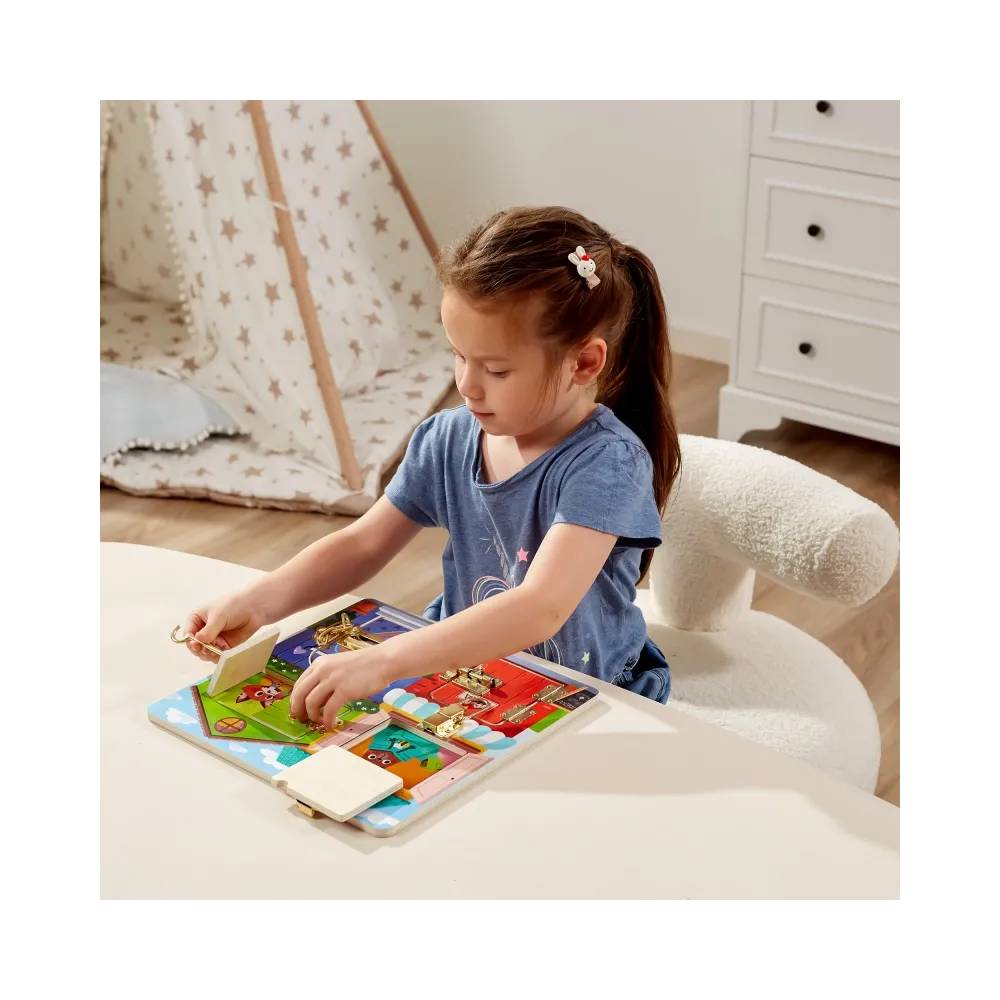 VIGA Drewniana Tablica Manipulacyjna Otwieranie Zamków i Zatrzasków Domek Montessori