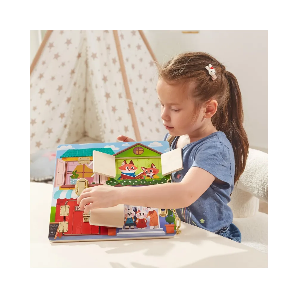 VIGA Drewniana Tablica Manipulacyjna Otwieranie Zamków i Zatrzasków Domek Montessori