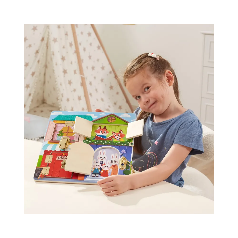 VIGA Drewniana Tablica Manipulacyjna Otwieranie Zamków i Zatrzasków Domek Montessori