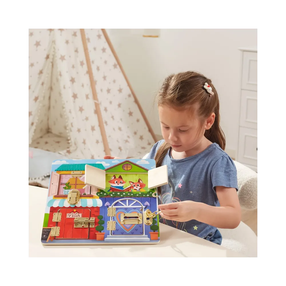 VIGA Drewniana Tablica Manipulacyjna Otwieranie Zamków i Zatrzasków Domek Montessori