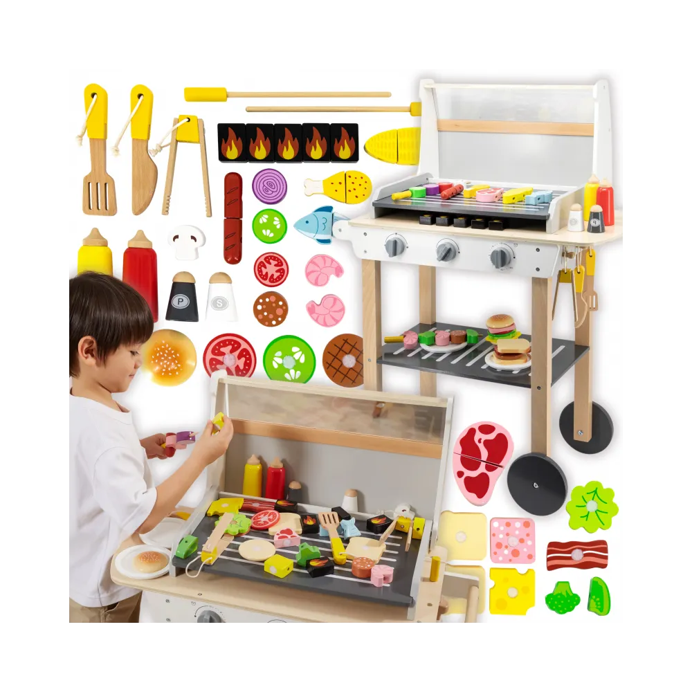VIGA Duży Drewniany Grill dla Dzieci + 47 Akcesoriów