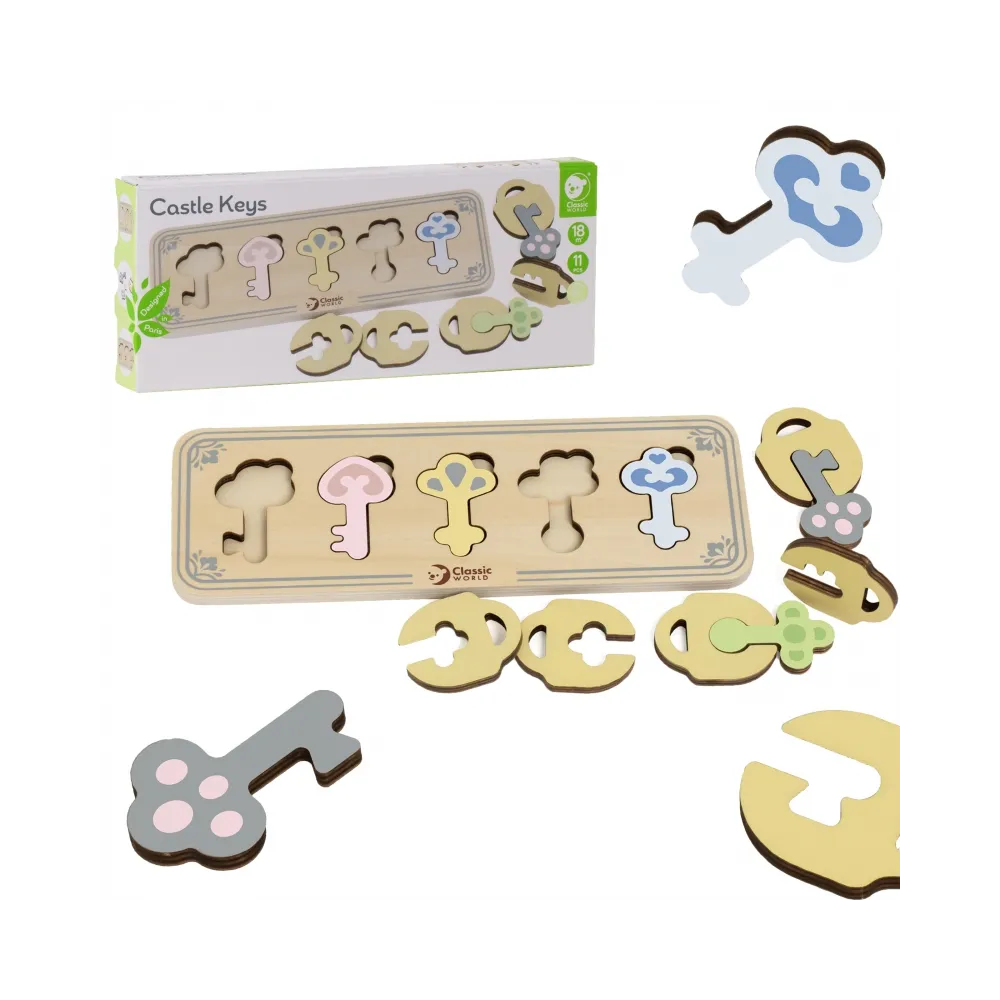CLASSIC WORLD Drewniana Układanka Montessori Sensoryczna Klucze i Zamki do Dopasowania