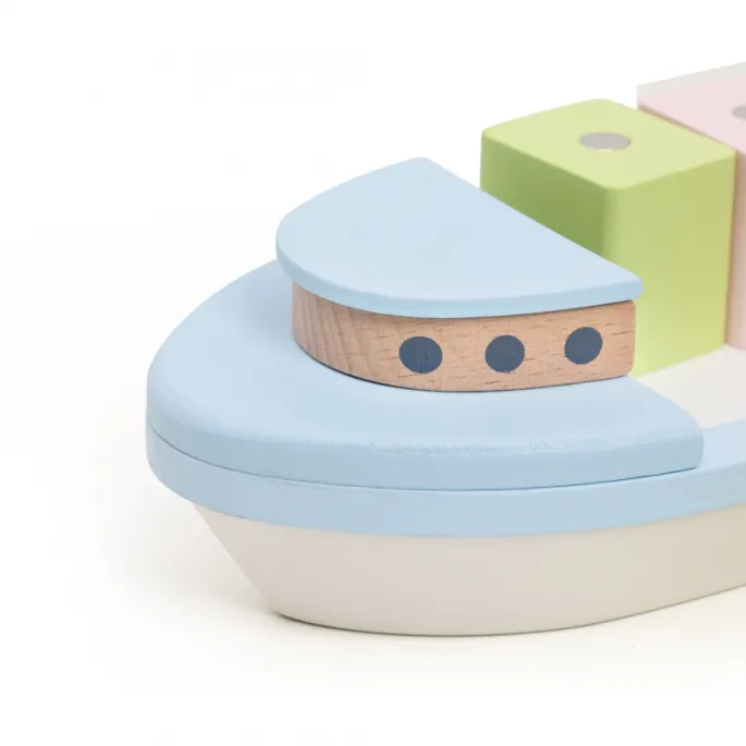 Drewniany statek z 12 blokami - bezpieczna zabawa dla maluchów