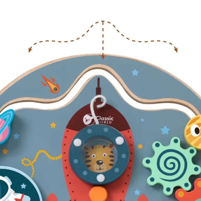 Tablica edukacyjna z drewnianymi elementami.