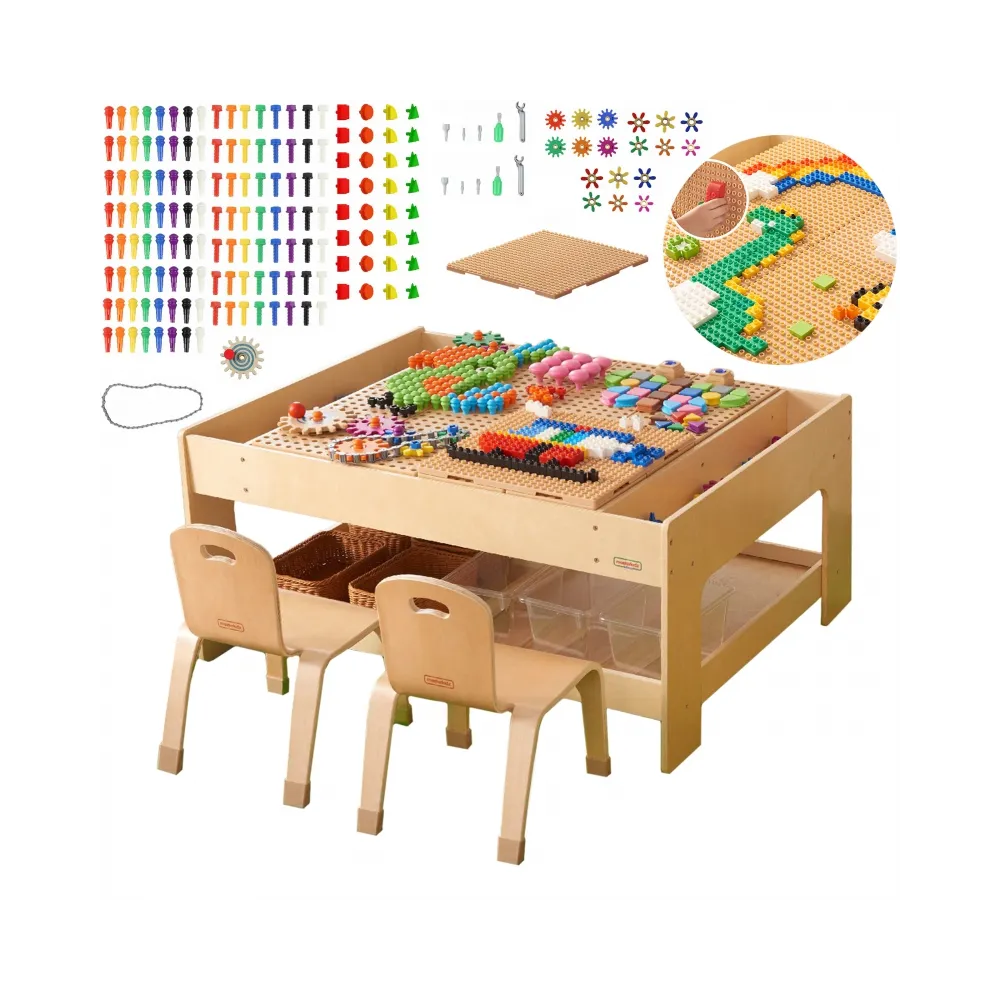 MASTERKIDZ Drewniany Stół Edukacyjny + AKCESORIA STEM WALL + 135 Klocków