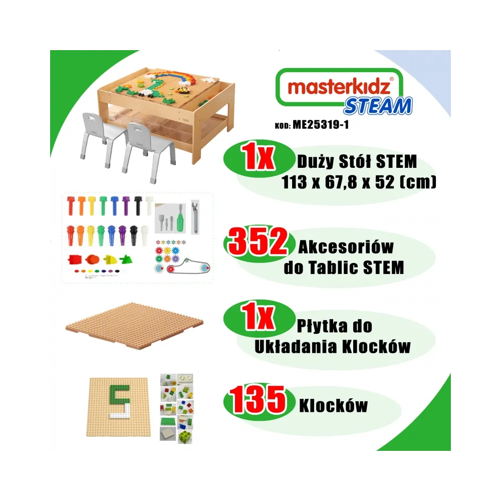 MASTERKIDZ Drewniany Stół Edukacyjny + AKCESORIA STEM WALL + 135 Klocków