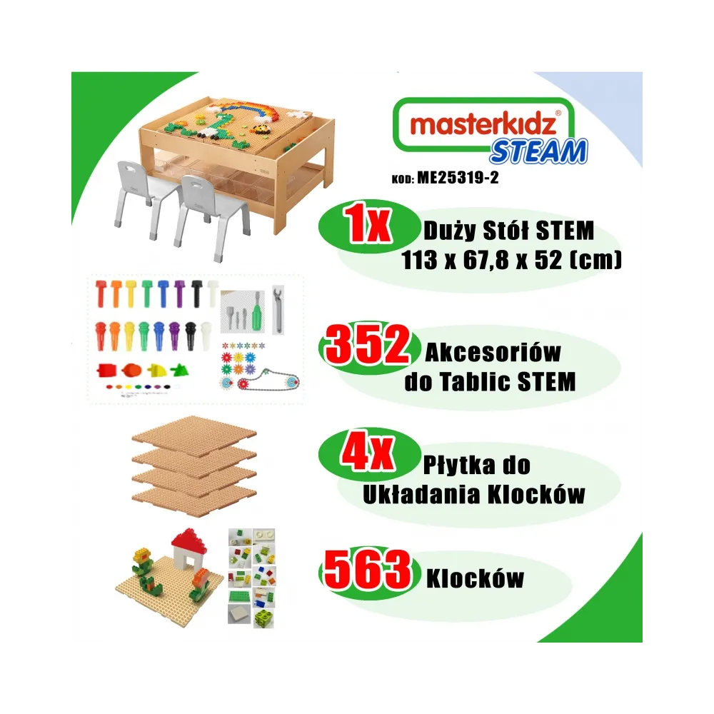 MASTERKIDZ Drewniany Stół Edukacyjny + AKCESORIA STEM WALL + 563 Klocków