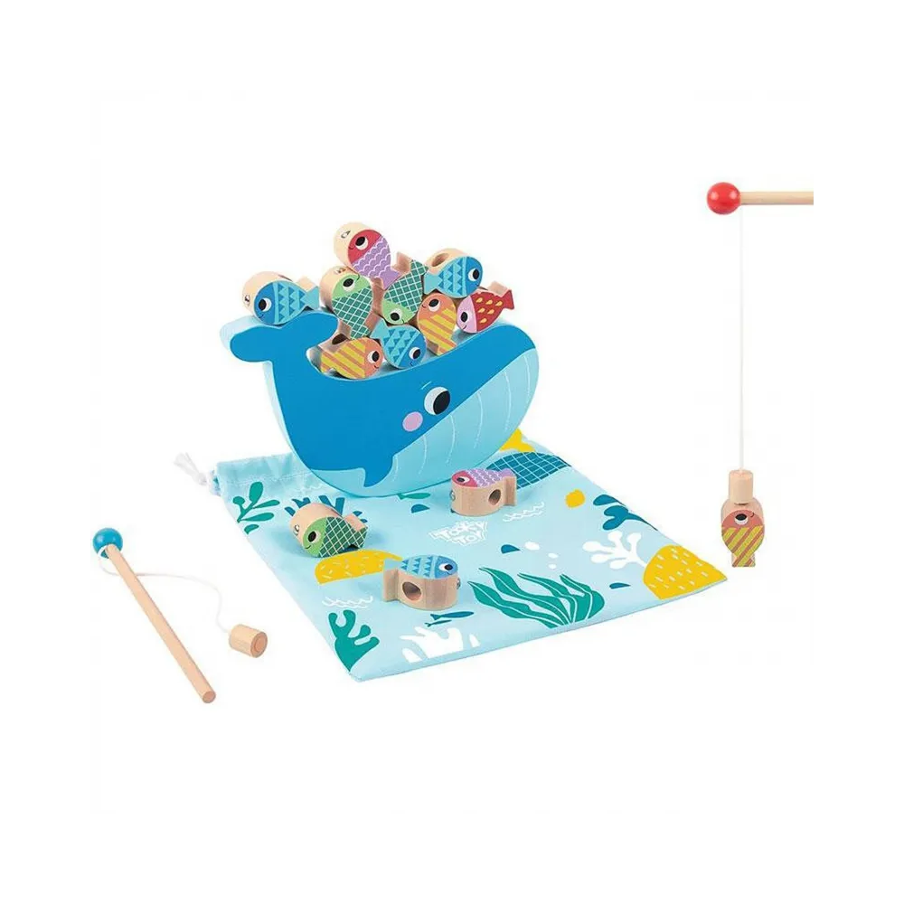 TOOKY TOY Drewniana Gra Wieloryb i Rybki Wielofunkcyjna 4 w 1