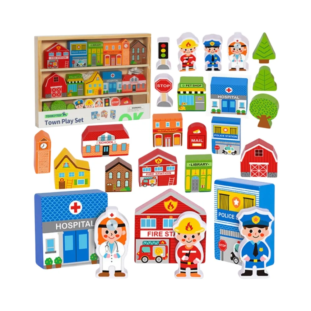 TOOKY TOY Drewniany Zestaw Budynków i Figurek Miasto