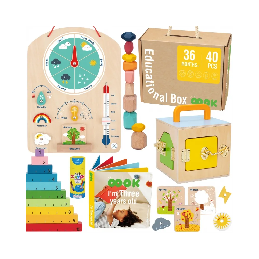 Tooky Toy Edukacyjne Pudełko Montessori Układanka Liczydło Tablica Pogody 6w1 od 3 Lat