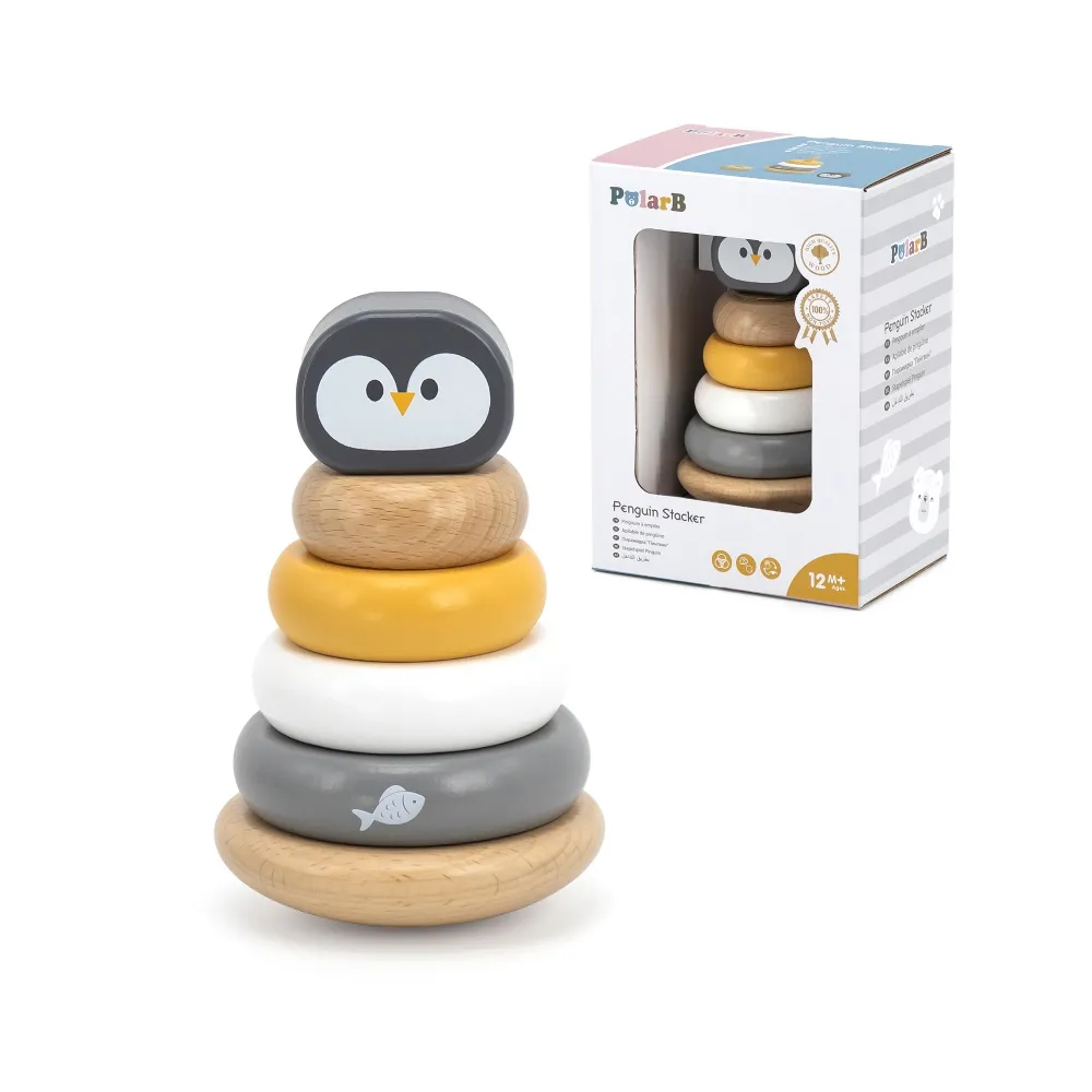 Drewniana edukacyjna piramidka pingwinek z kolorowymi krążkami