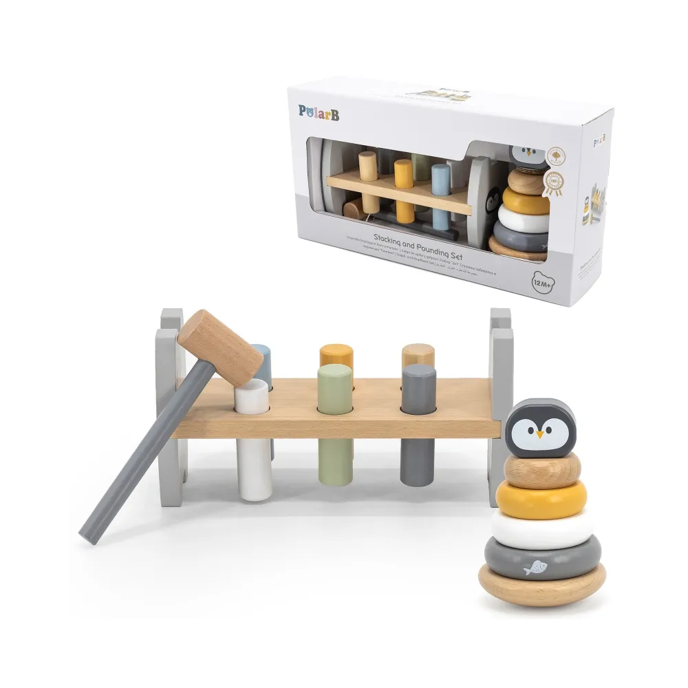 VIGA PolarB Zestaw Drewniana Piramidka + Przebijanka z Młoteczkiem Pingwinek Montessori