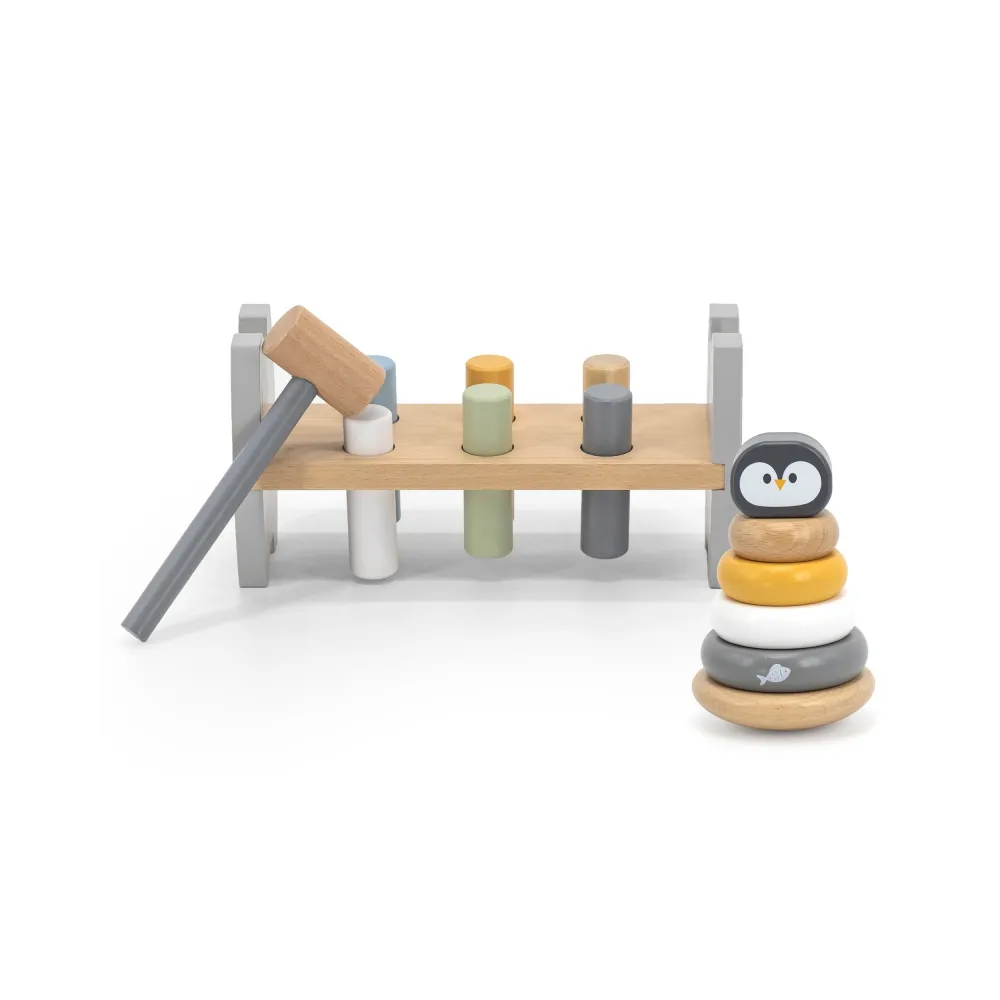 VIGA PolarB Zestaw Drewniana Piramidka + Przebijanka z Młoteczkiem Pingwinek Montessori